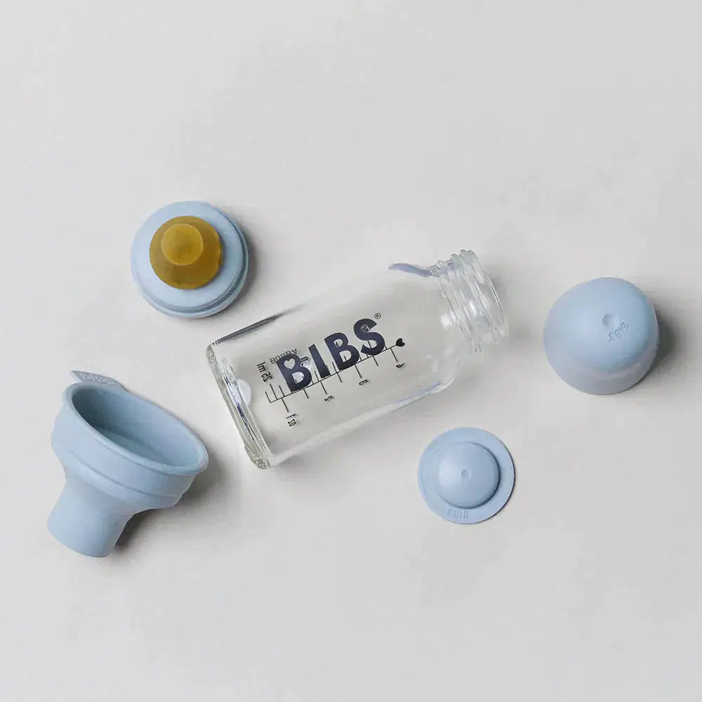 BIBS Glass Baby Bottle Complete Set Latex Baby Blue