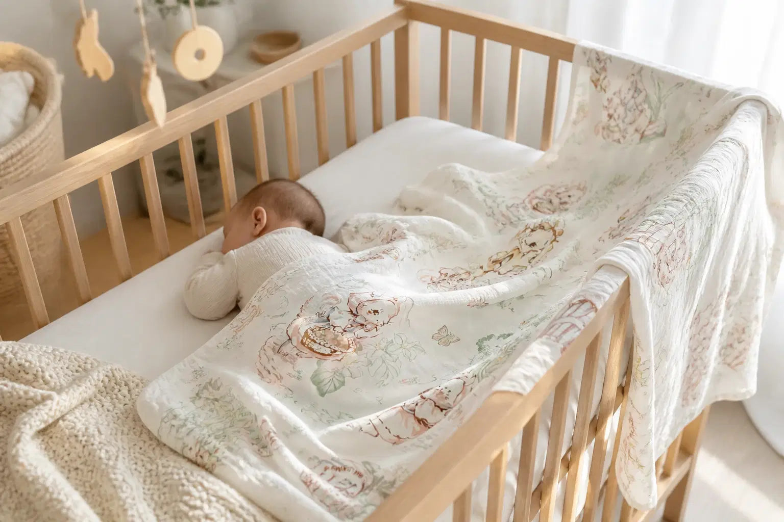 Baby sleeping in crib with Giggle Bubs organic baby muslin wrap creating a cozy environment.