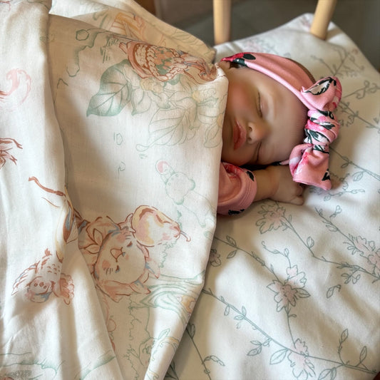 Giggle Bubs, “Happy Garden”Baby Organic Muslin Wrap