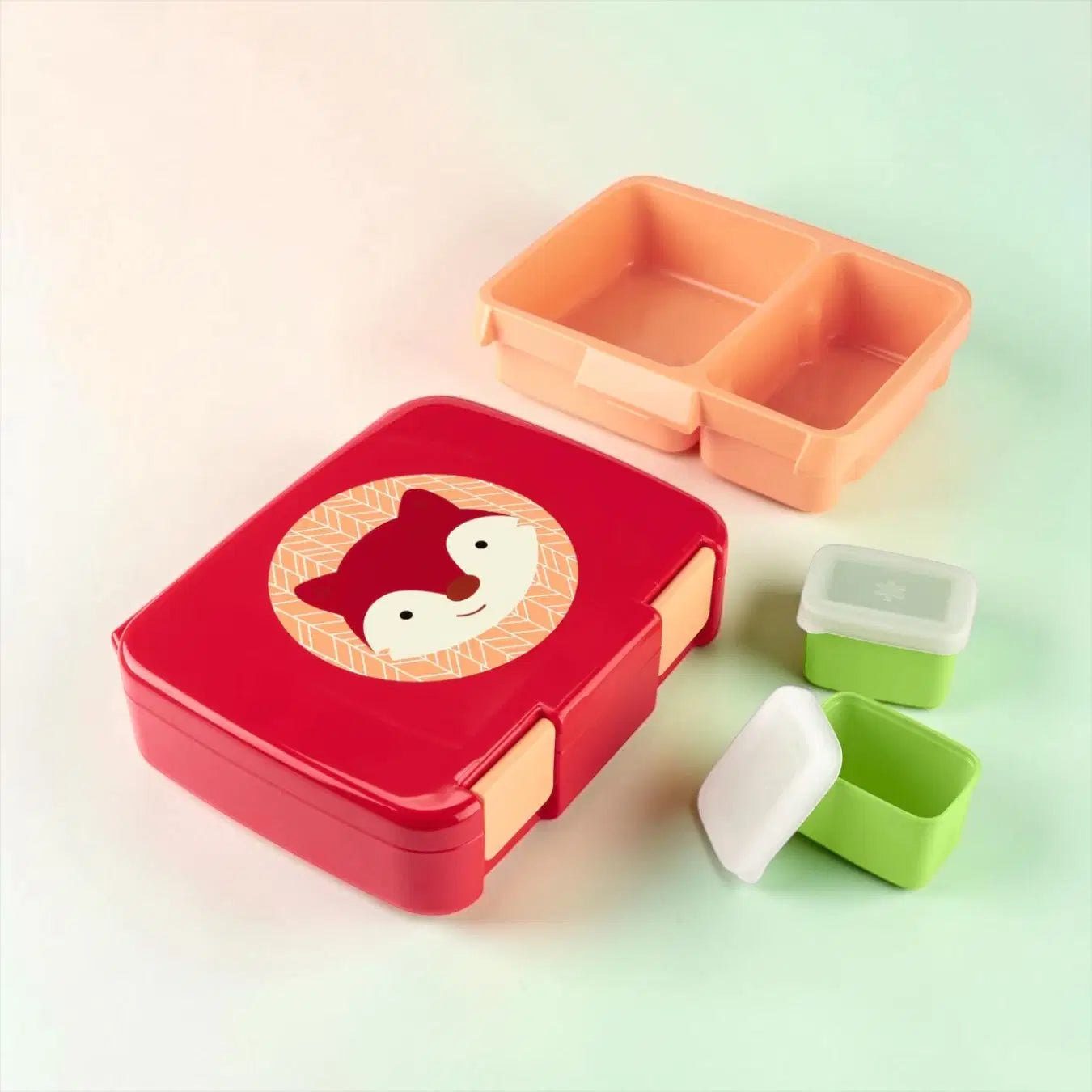 fox kids bento lunch box with four compartments and two removable containers for flexible meal options.
