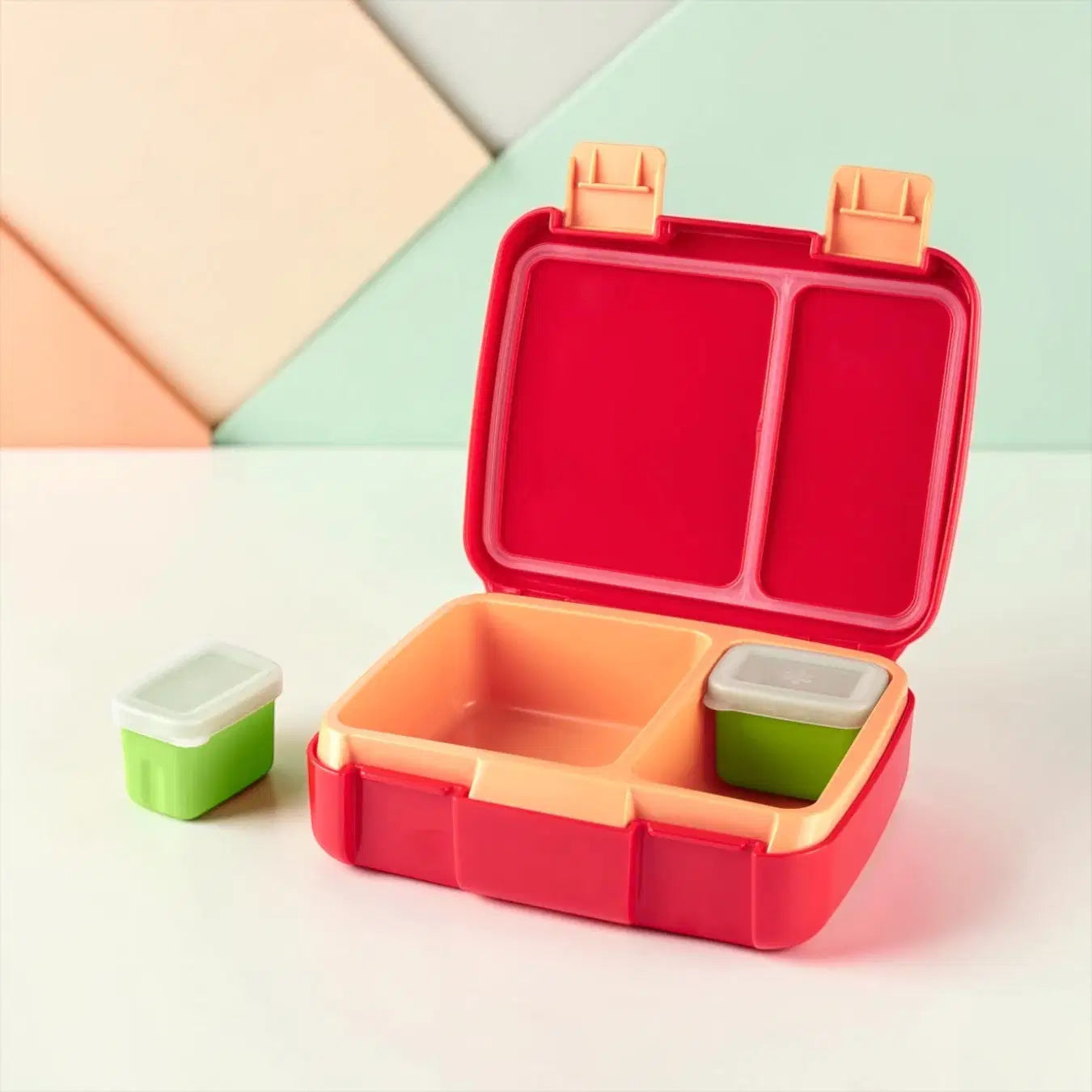 fox kids bento lunch box opened with colorful compartments and two small containers for easy meal prep.