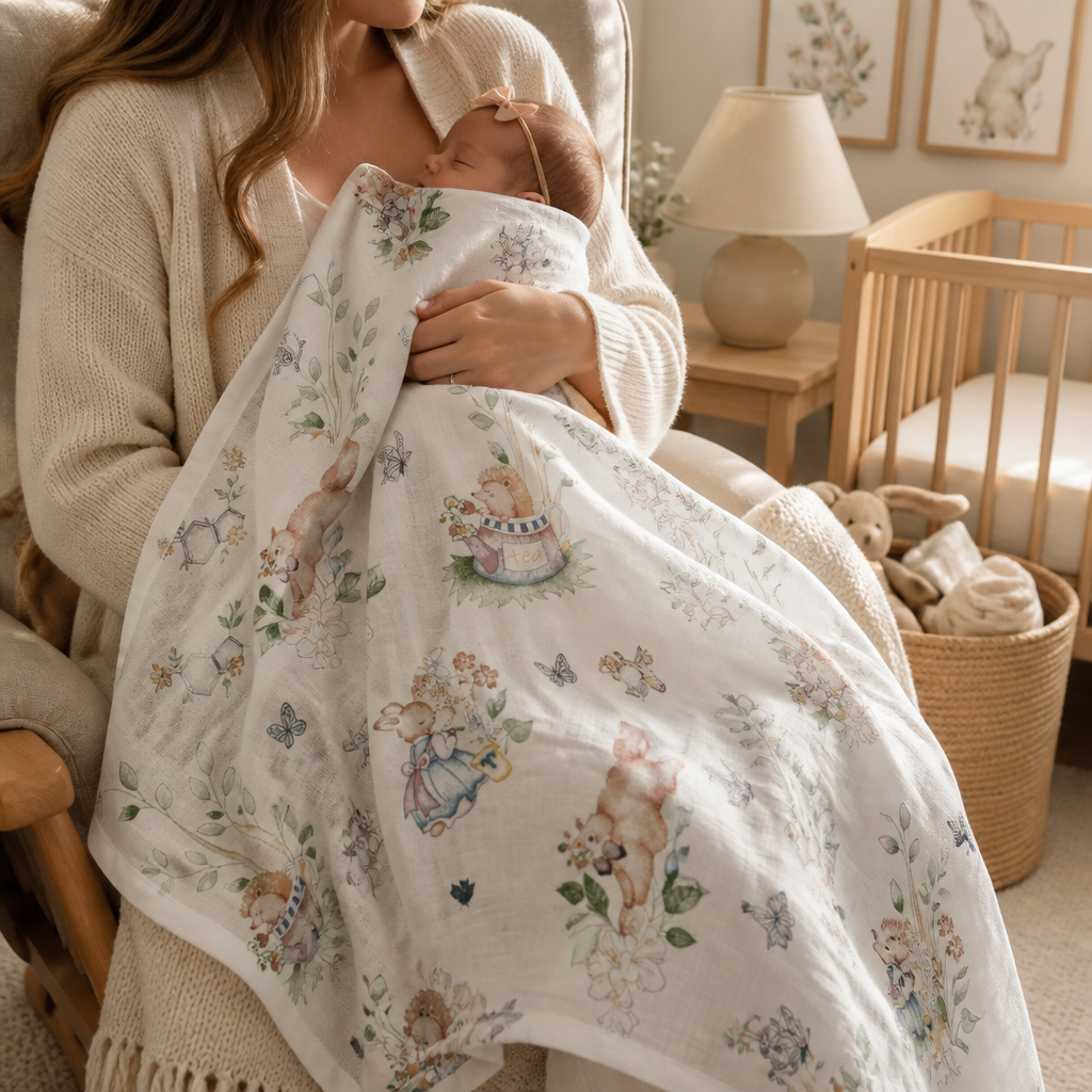 Giggle Bubs, “Fairy Garden” Baby Organic Muslin Wrap