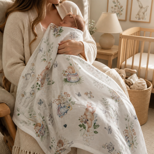Giggle Bubs, “Fairy Garden” Baby Organic Muslin Wrap
