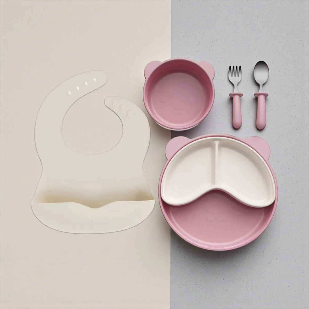 Bubs Universe blush silicone baby feeding set with suction plate, bowl, bib, and ergonomic cutlery for toddlers