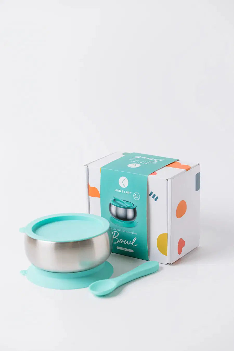 Lion & Lady 18/8 Stainless Steel Feeding Bowl with silicone suction base, airtight lid and spoon