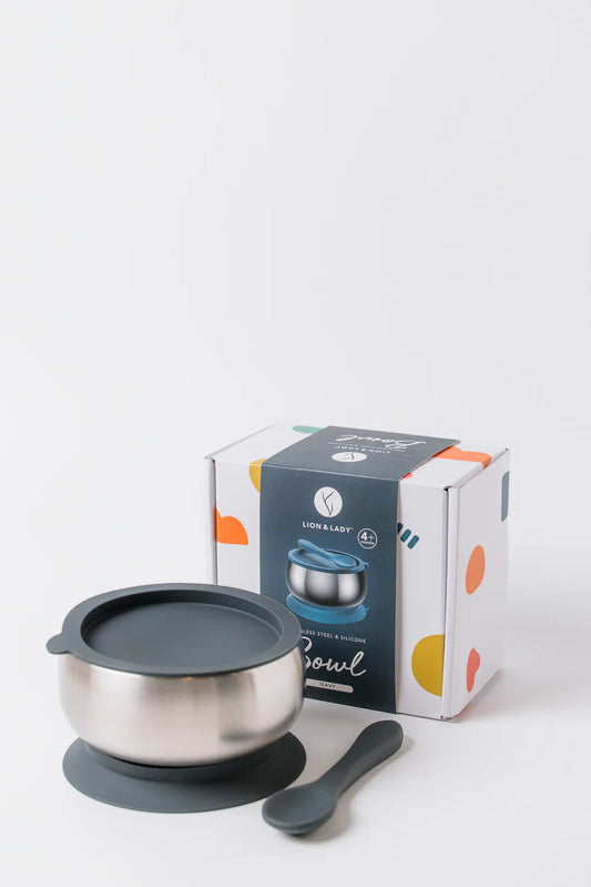 Lion & Lady 18/8 Stainless Steel Feeding Bowl with silicone suction base, airtight lid and spoon