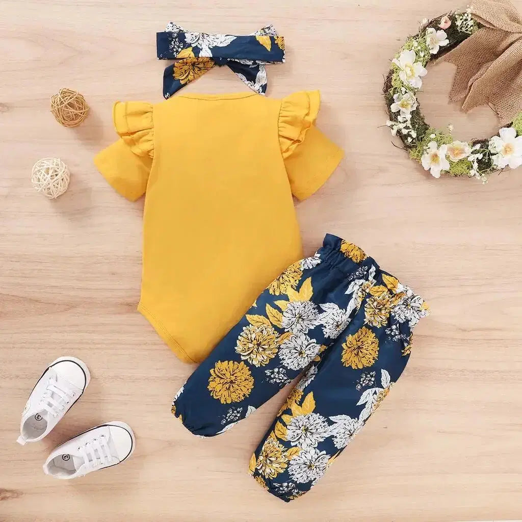 Baby Girl 3 Piece Set Cotton Short Sleeve Bodysuit with Pants and Headband