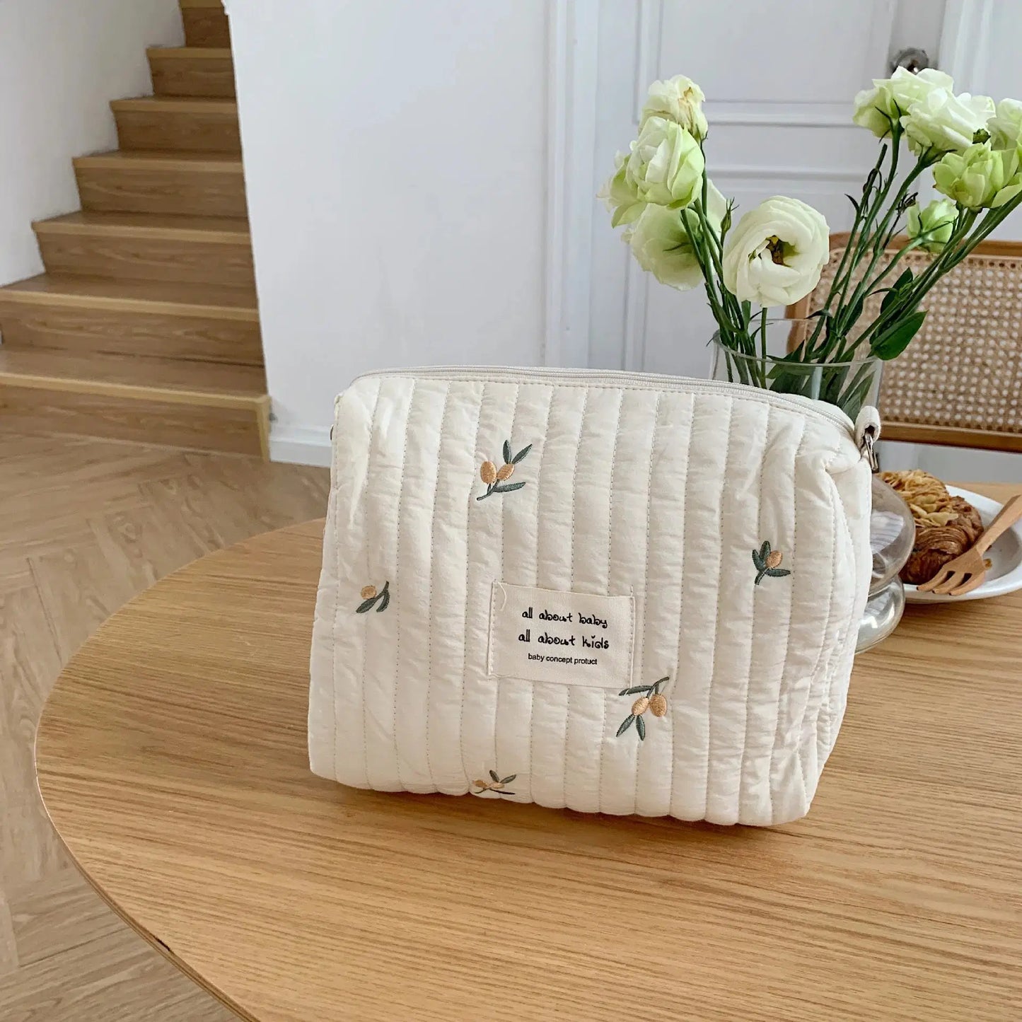 Giggle Bubs, Cotton Portable Storage Bag Zipper, Embroidery Diaper Bag