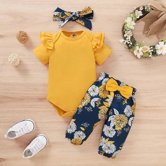 Baby Girl 3 Piece Set Cotton Short Sleeve Bodysuit with Pants and Headband