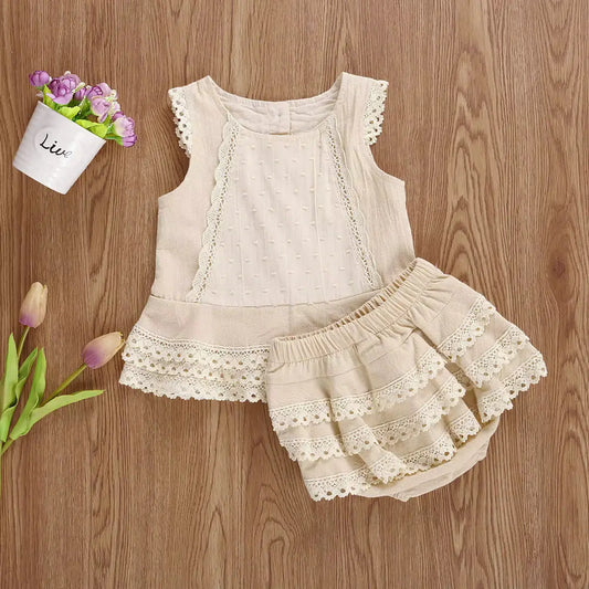 Giggle Bubs, Baby Girl Cotton Princess Sleeveless Lace Vest Top and Layered Skirts Panty Suit