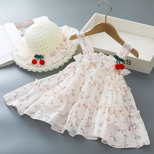 GiggleBubs Baby Girl Summer Full Printed Floral Cherry Halter Dress Set With Maching Summer Hat(Tight Inventory)