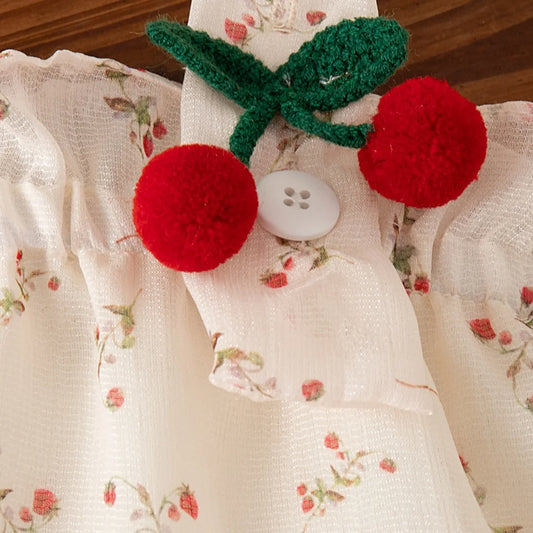GiggleBubs Baby Girl Summer Full Printed Floral Cherry Halter Dress Set With Maching Summer Hat(Tight Inventory)