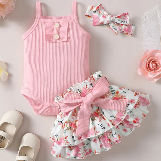 GiggleBubs Sleeveless Jumpsuit with Floral Print and Short Skirt Set (Tight Inventory)