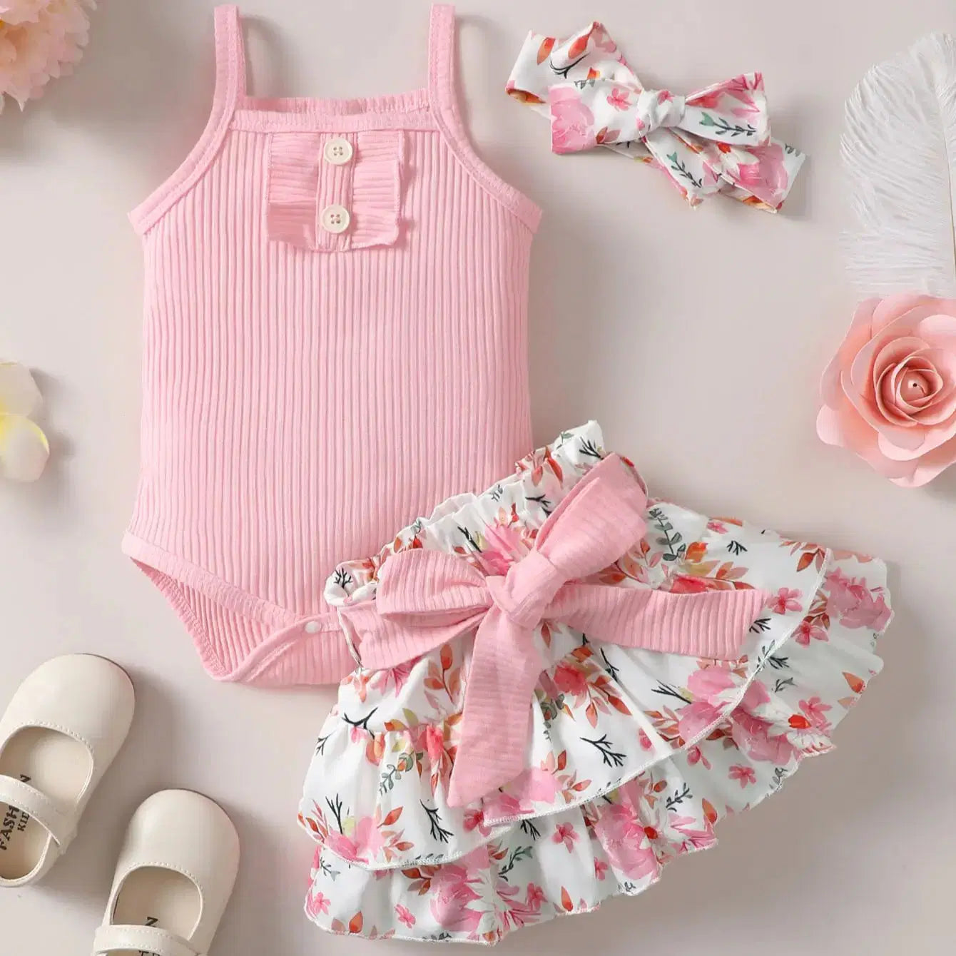 Giggle Bubs Sleeveless Jumpsuit with Floral Print and Short Skirt Set (Tight Inventory)