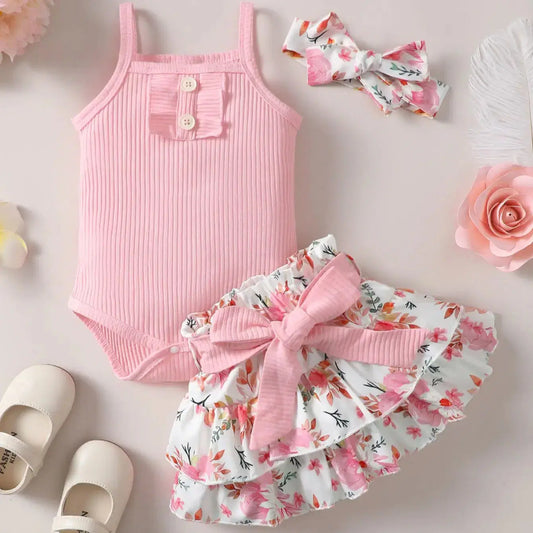 Giggle Bubs Sleeveless Jumpsuit with Floral Print and Short Skirt Set (Tight Inventory)