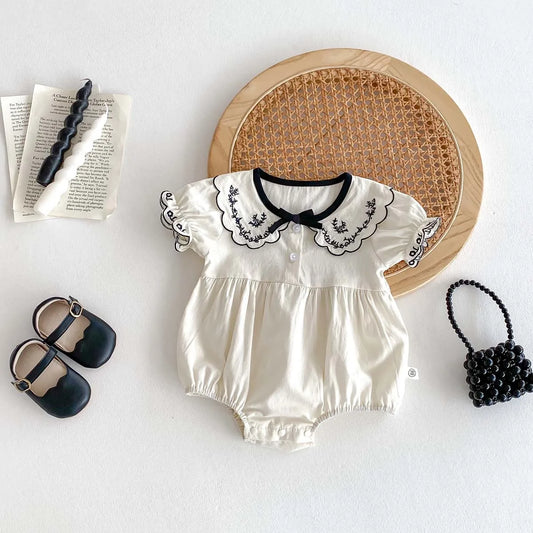 GiggleBubs, Baby Girl Embroidered Lapel Short Sleeve Jumpsuit