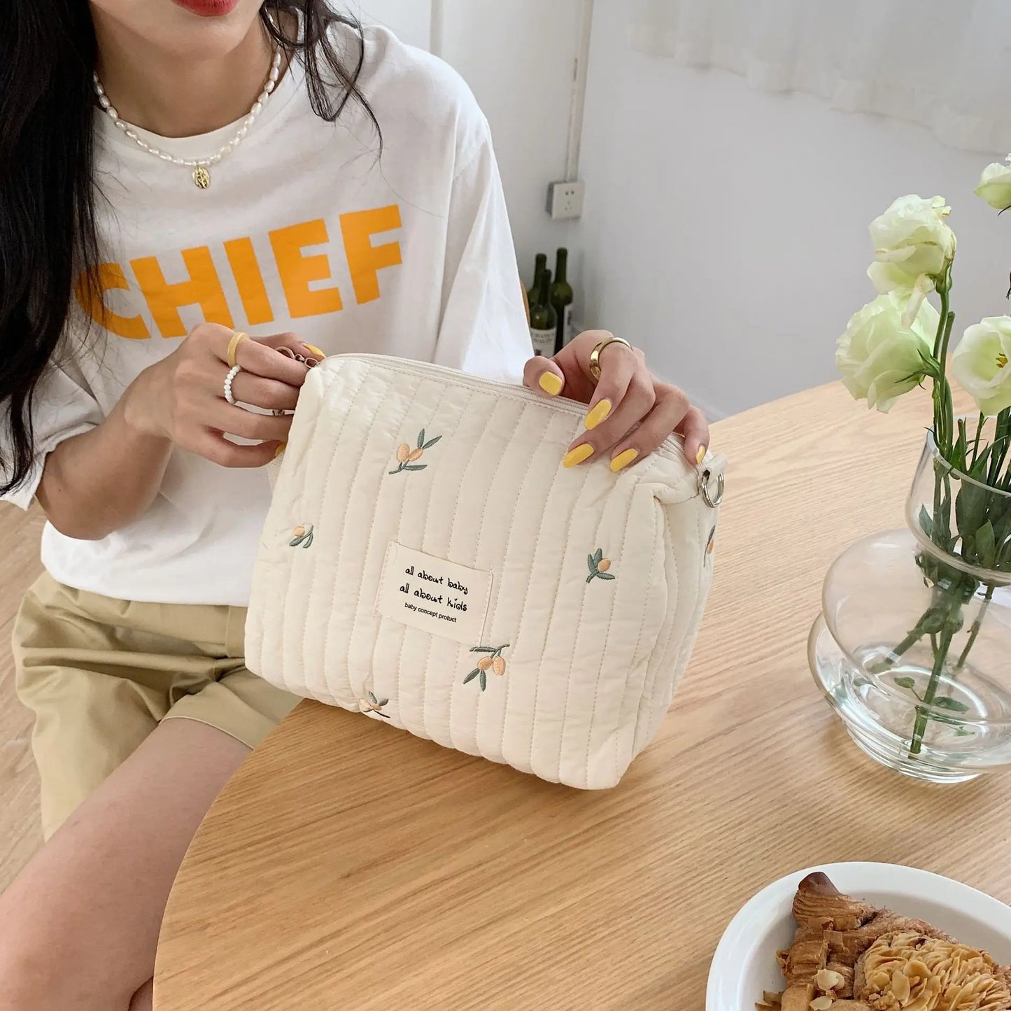 GiggleBubs, Cotton Portable Storage Bag Zipper, Embroidery Diaper Bag