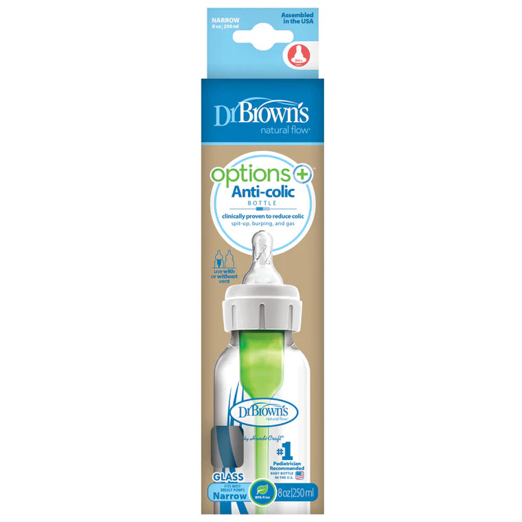 DR BROWN'S OPTIONS+ ANTI COLIC NARROW NECK GLASS BOTTLE WITH LEVEL 1 TEAT, 250ML