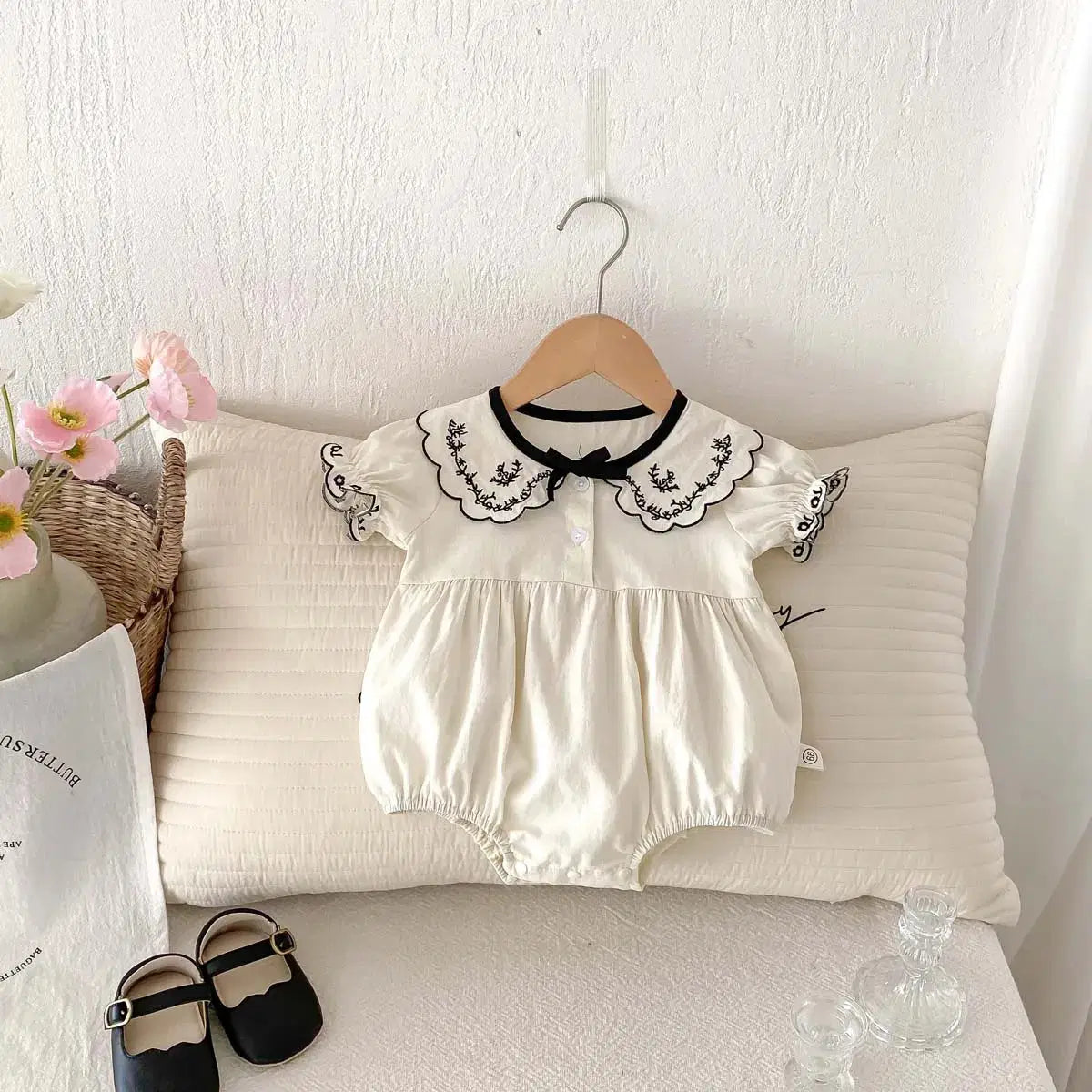 Giggle Bubs, Baby Girl Embroidered, Short Sleeve Jumpsuit