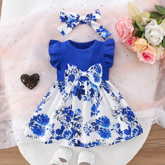 GiggleBubs, Baby Girl Party Dress Pleated Bow Ribbon Blue and White