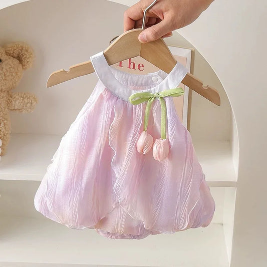 GiggleBub Baby Girls' Tulip Decor Inspired Iridescent Halter Sling Princess Romper Dress