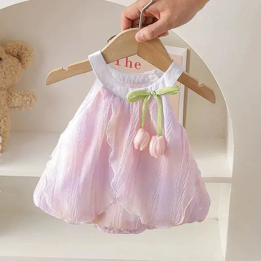 Giggle Bub Baby Girls' Tulip Decor Inspired Iridescent Halter Sling Princess Romper Dress