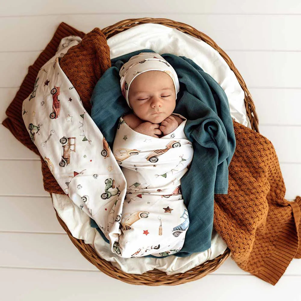 Snuggle Hunny Vintage Cars Organic Jersey Wrap & Beanie Set