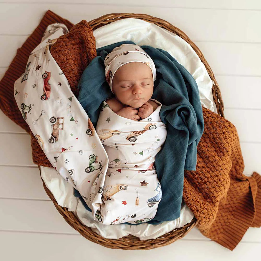 Snuggle Hunny Vintage Cars Organic Jersey Wrap & Beanie Set