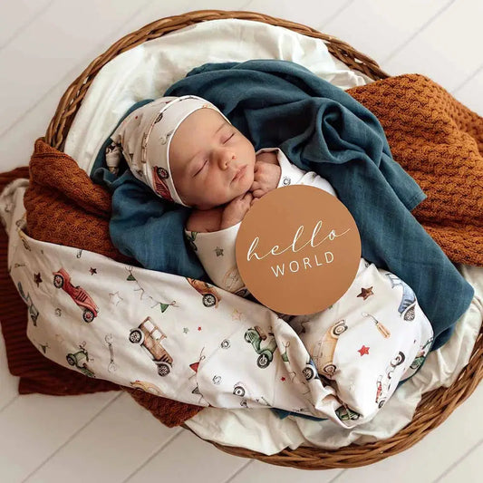 Snuggle Hunny Vintage Cars Organic Jersey Wrap & Beanie Set