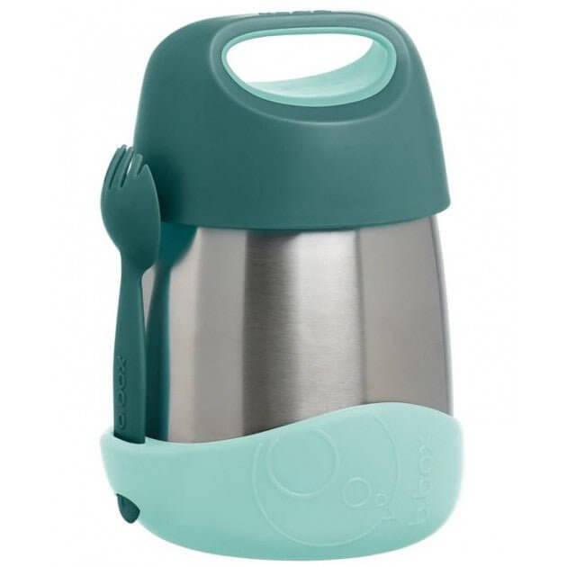 b.box insulated food jar with spork, stainless steel body and teal silicone lid and base