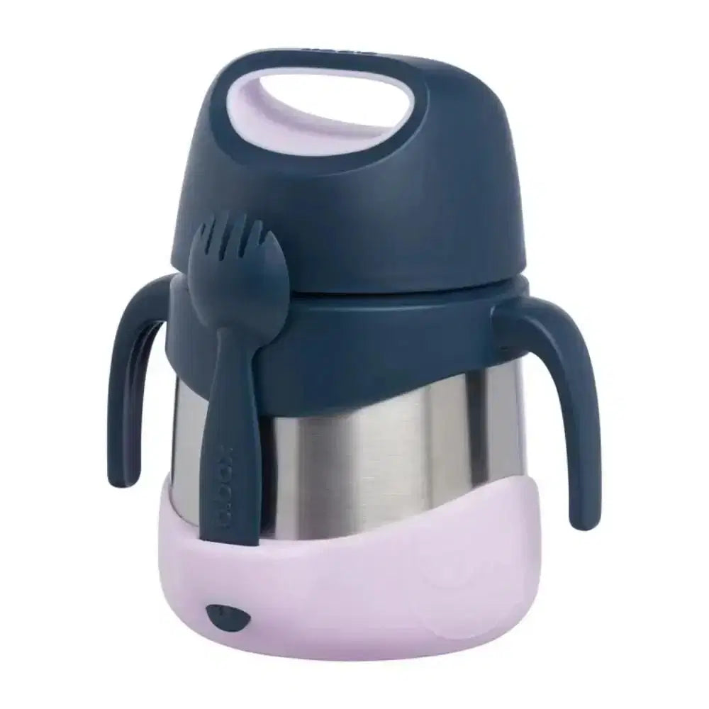 b.box insulated food jar with spork, stainless steel body and navy and pink silicone lid and base