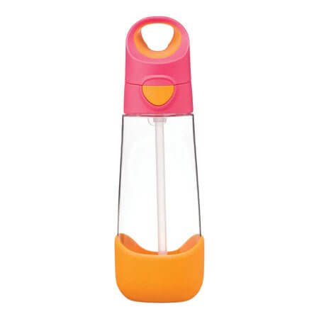 b.box tritan drink bottle with straw, hot pink lid and orange silicone base, 450ml capacity