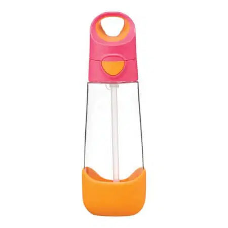 b.box tritan drink bottle with straw, hot pink lid and orange silicone base, 450ml capacity