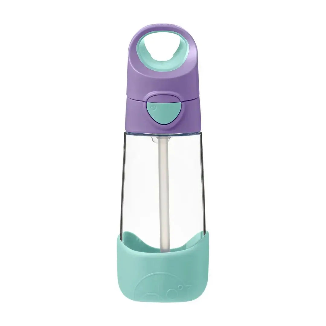 b.box tritan drink bottle with straw, purpel lid and teal silicone base, 450ml capacity