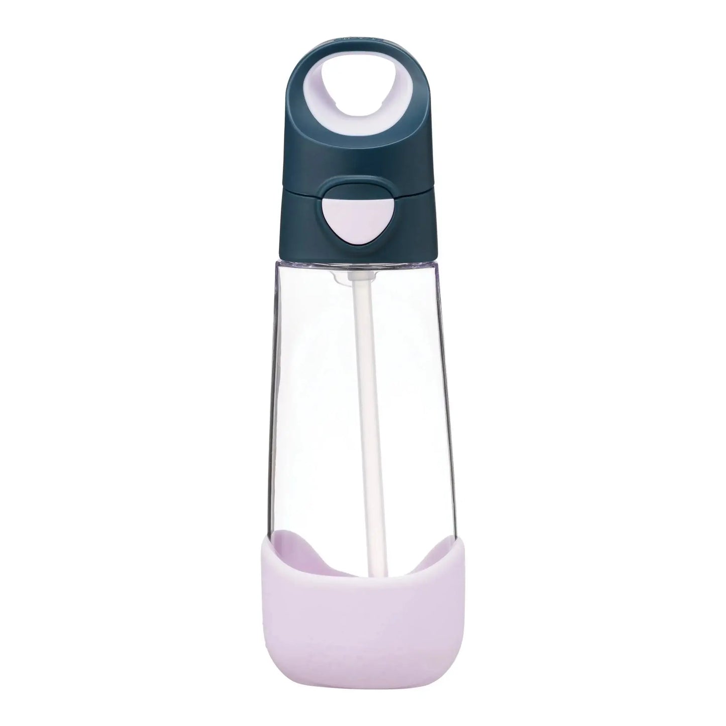 b.box tritan drink bottle with straw, navy lid and lavender silicone base, 450ml capacity