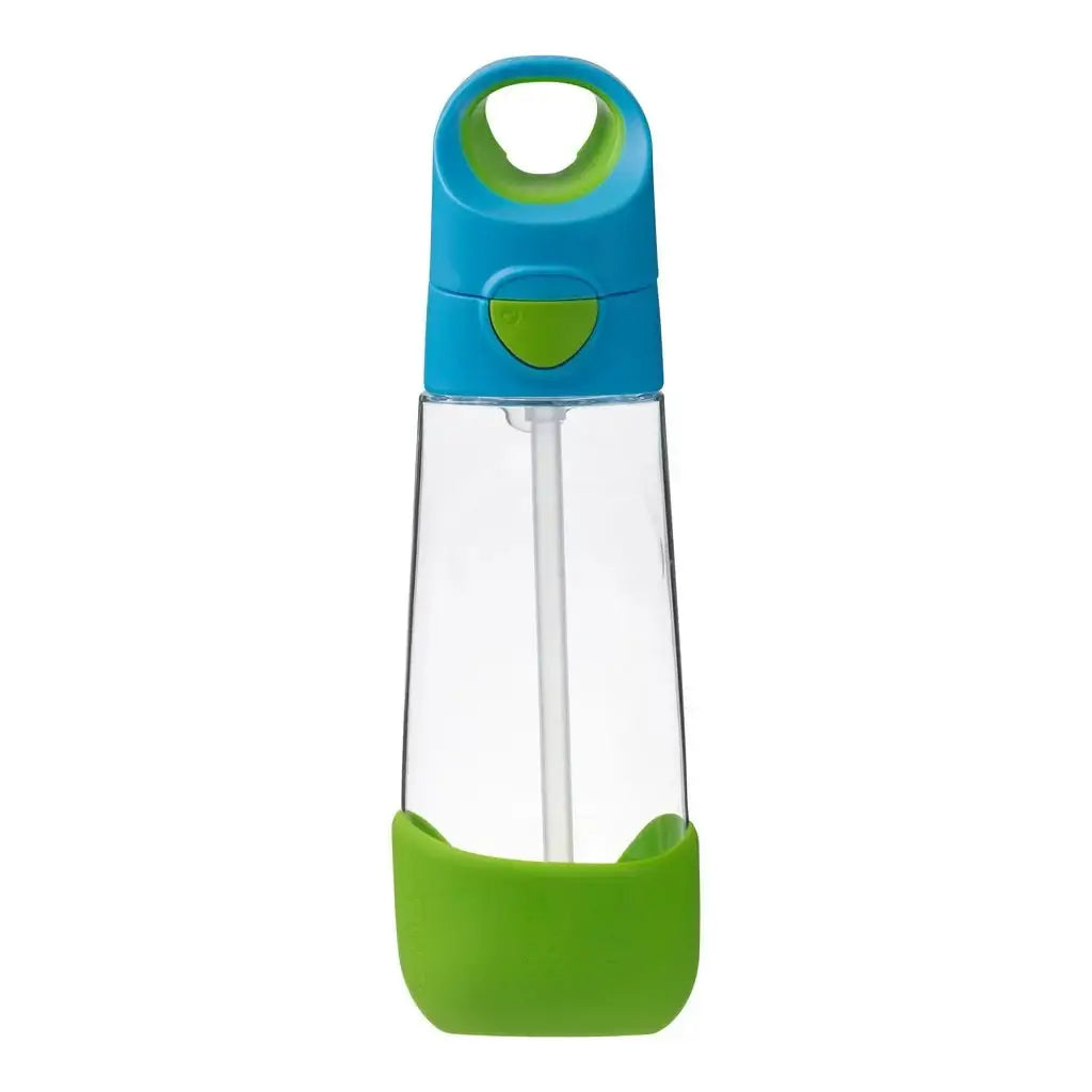 b.box tritan drink bottle with straw, blue lid and green silicone base, 450ml capacity