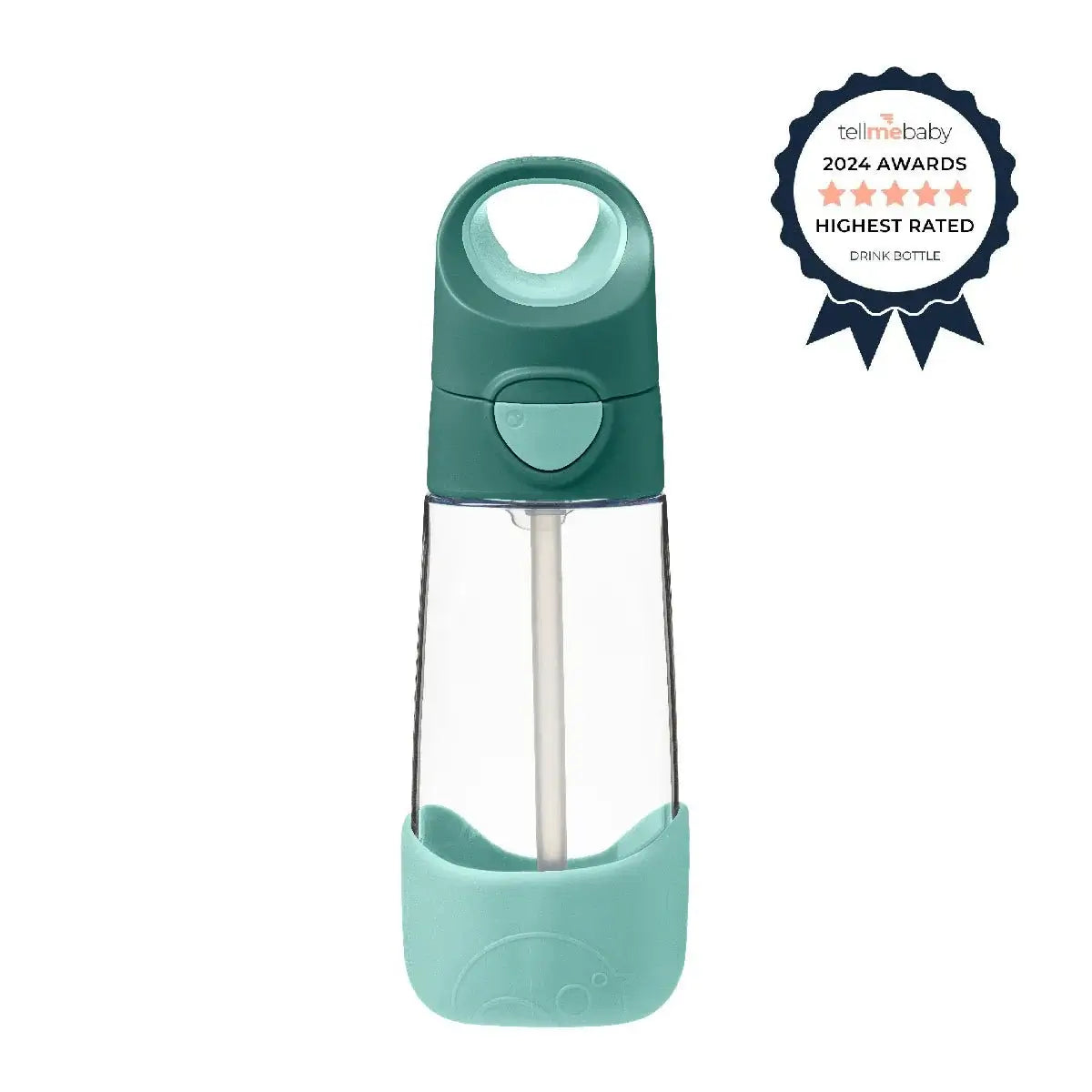 b.box tritan drink bottle with straw, green lid and teal silicone base, 450ml capacity