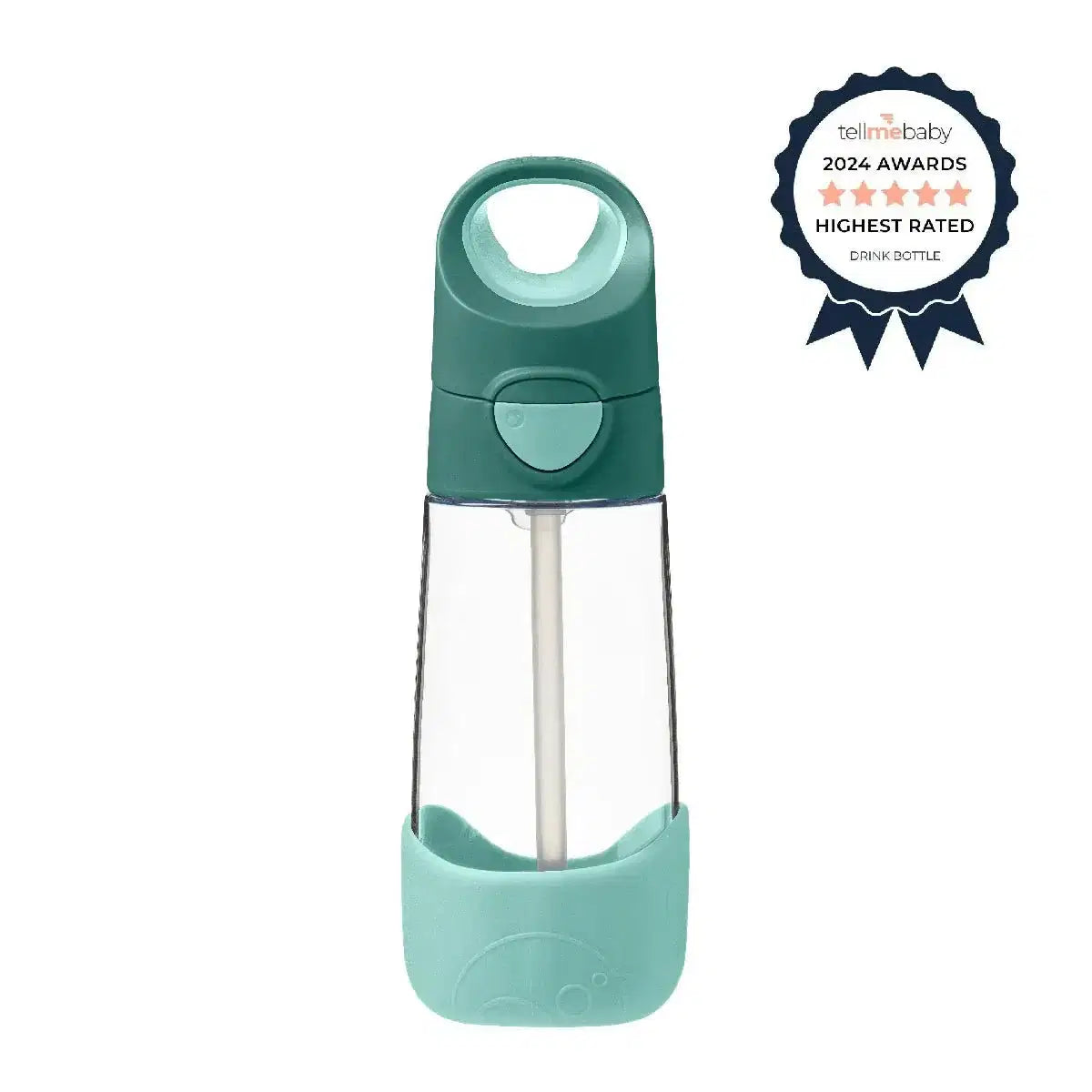b.box tritan drink bottle with straw, green lid and teal silicone base, 450ml capacity