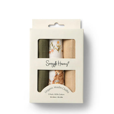 Snuggle Hunny Small Organic Muslin Cloths 3 Pack - Bears/Olive/Pebble