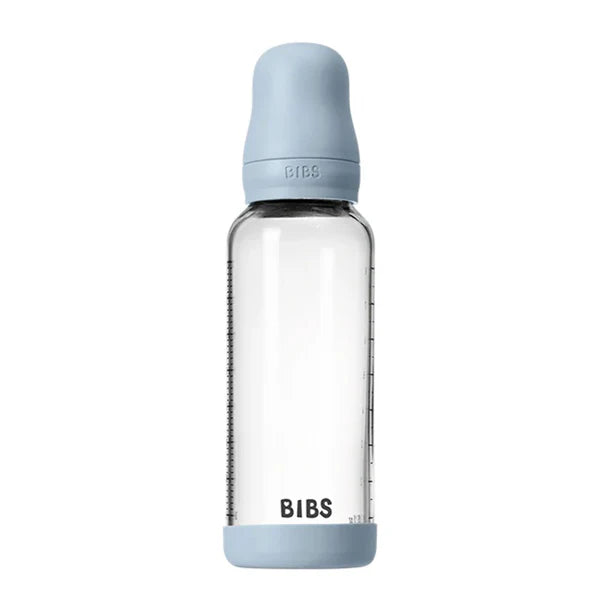 BIBS Glass Baby Bottle Complete Set 240ml Latex - Baby Blue