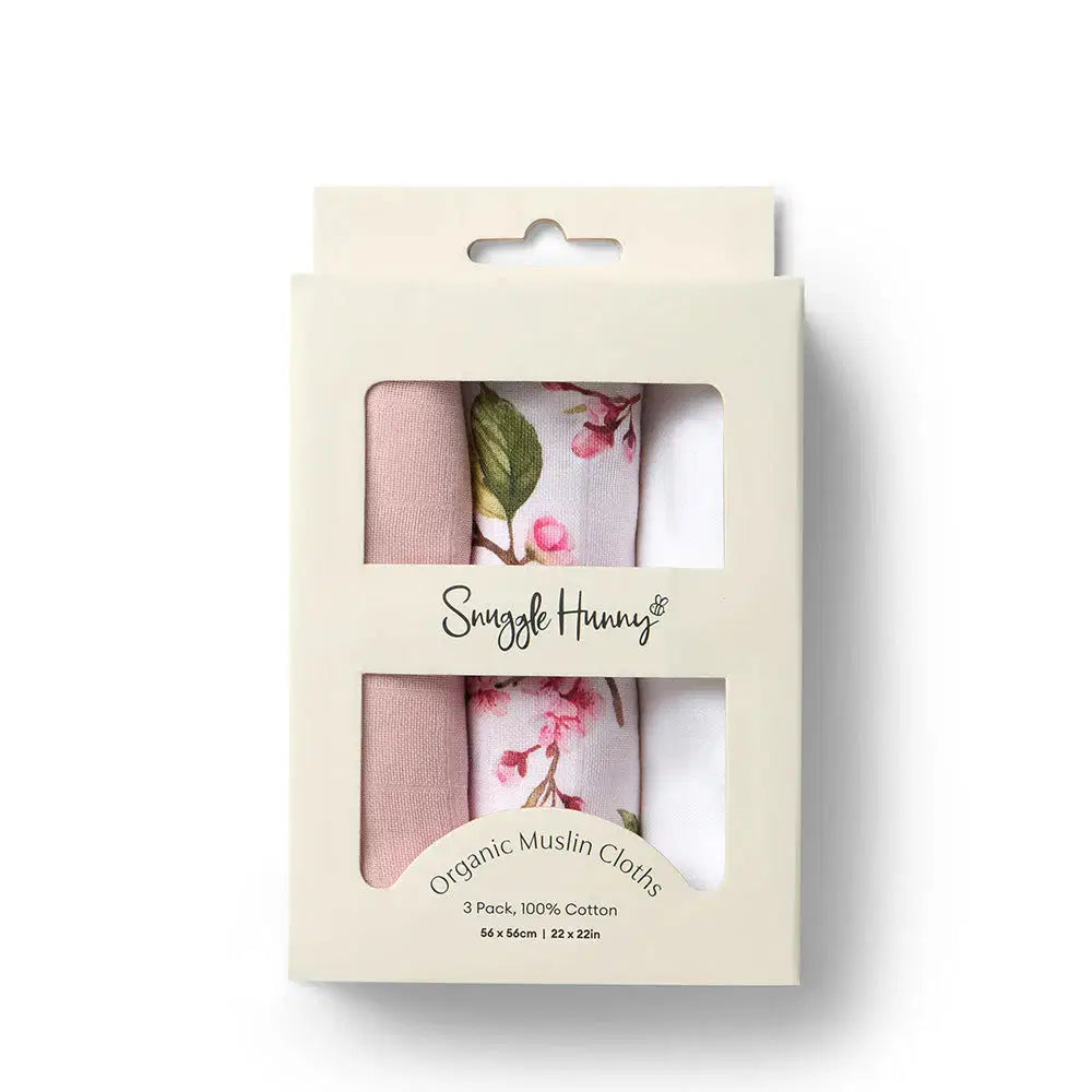 Snuggle Hunny Small Organic Muslin Cloths 3 Pack Cherry Blossom Milk Fairytale