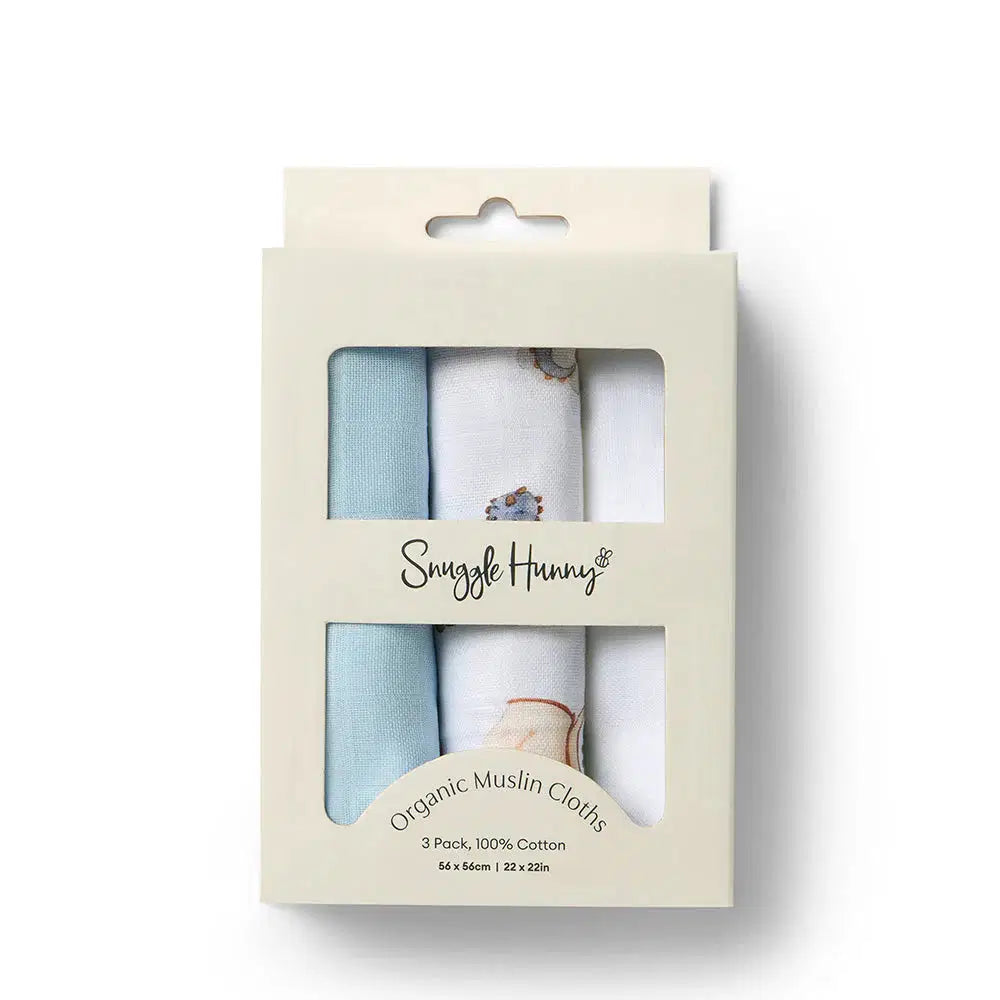 Snuggle Hunny Small Organic Muslin Cloths 3 Pack - Dragon/Milk/Baby Blue