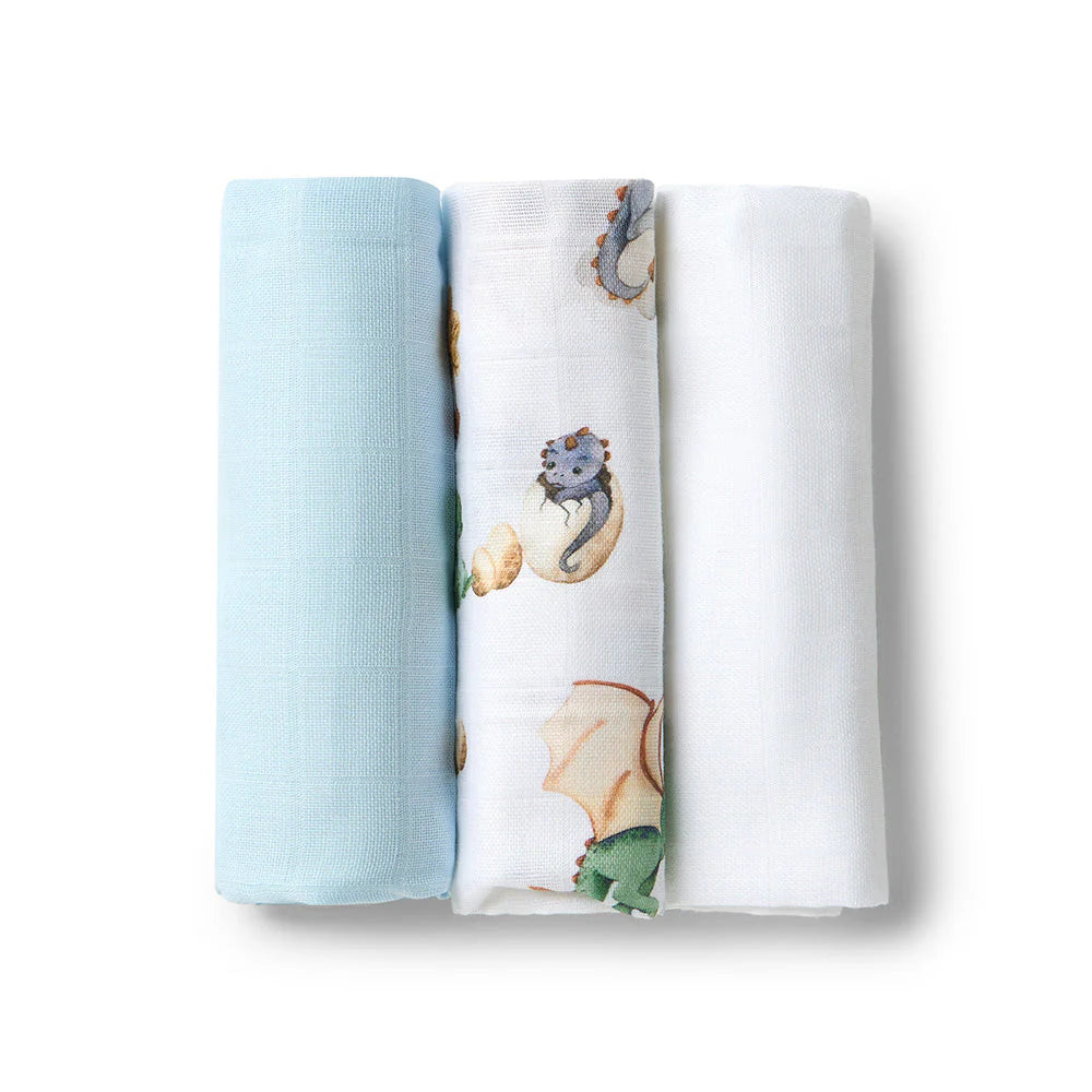 Snuggle Hunny Small Organic Muslin Cloths 3 Pack - Dragon/Milk/Baby Blue