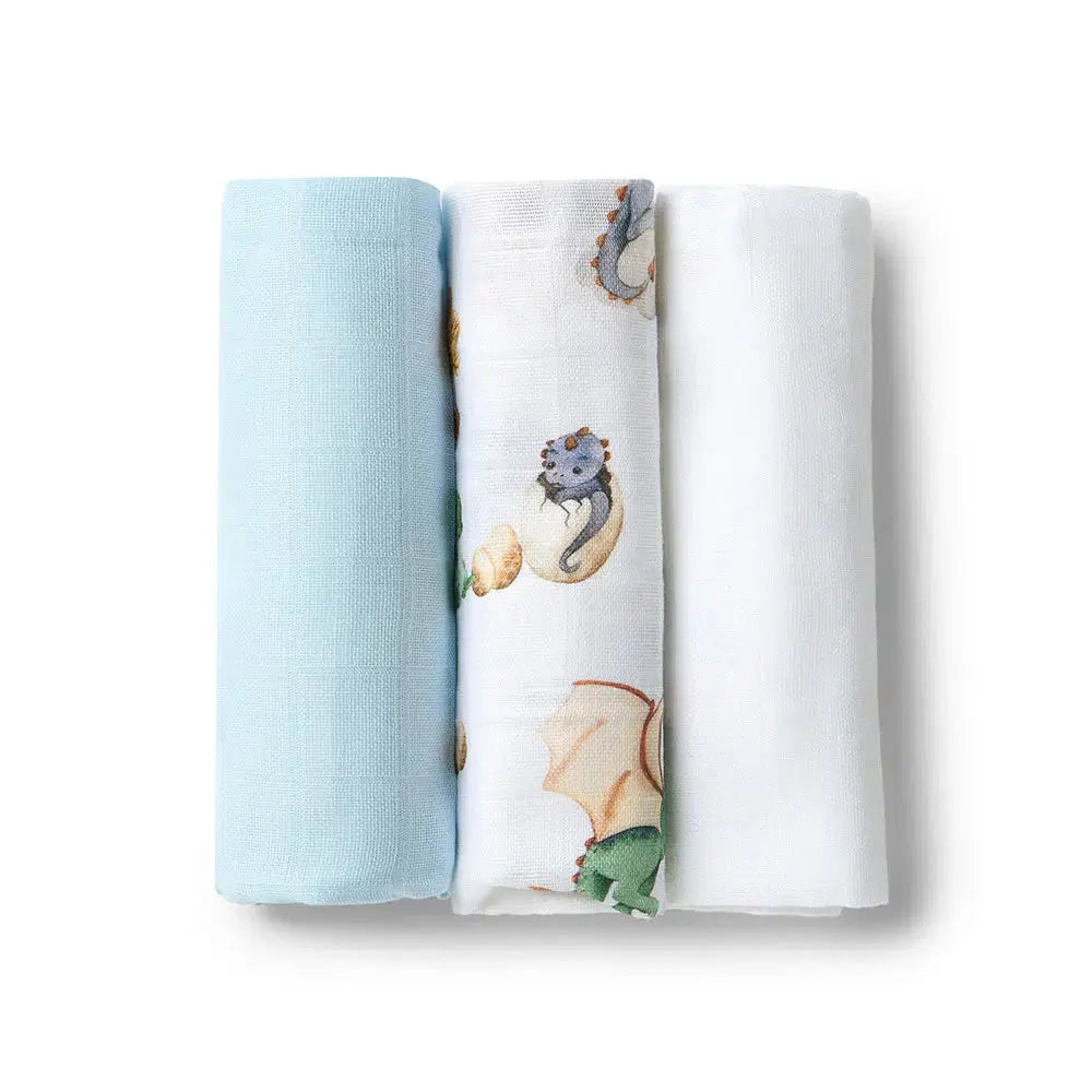 Snuggle Hunny Small Organic Muslin Cloths 3 Pack - Dragon/Milk/Baby Blue