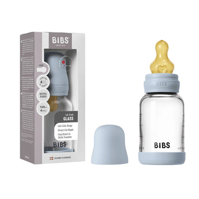 BIBS Glass Baby Bottle Complete Set 120ml Latex - Baby Blue
