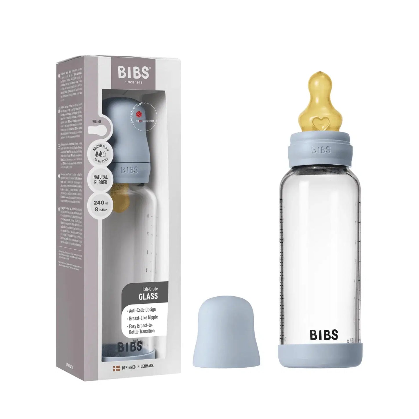 BIBS Glass Baby Bottle Complete Set Latex Baby Blue