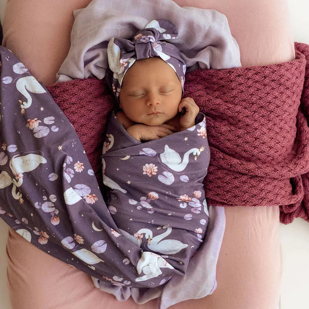 Snuggle Hunny Midnight Swan Organic Jersey Wrap Topknot Set