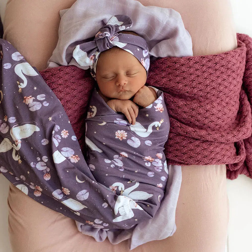 Snuggle Hunny Midnight Swan Organic Jersey Wrap Topknot Set