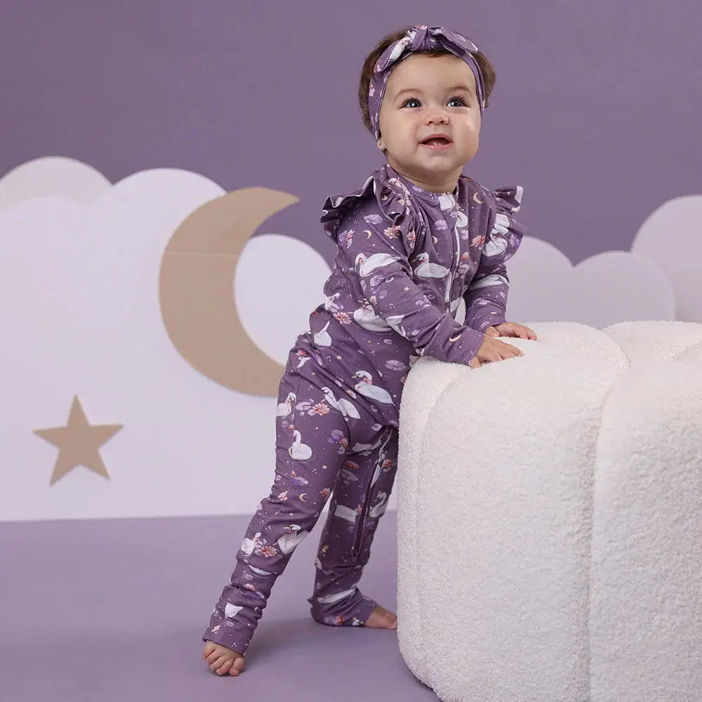 Snuggle Hunny, Midnight Swan Organic Snugglesuit Convertible Romper with Frill