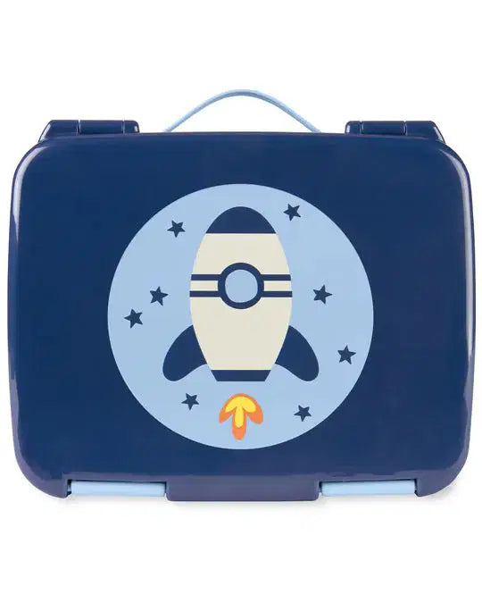Skip Hop kids lunch box with rocket and stars design on navy background